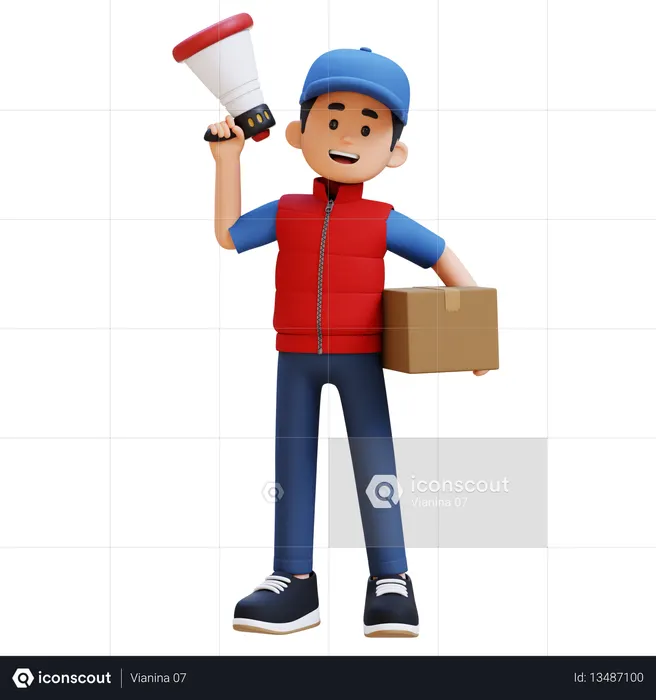 Delivery Man Holding Package And Megaphone  3D Icon