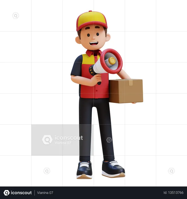Delivery Man Holding Package And Megaphone  3D Icon