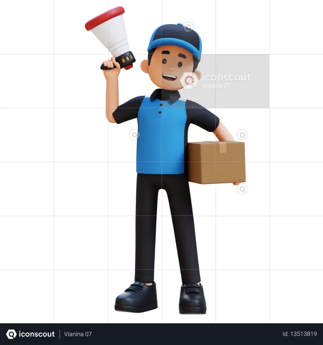 Delivery Man Holding Package And Megaphone  3D Icon