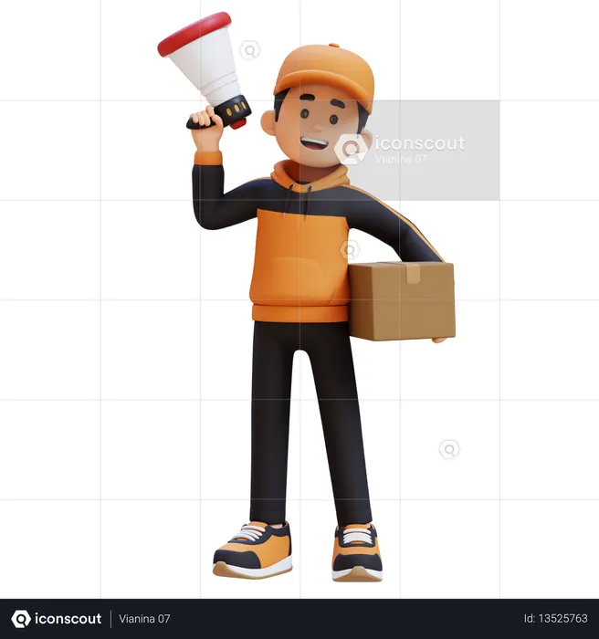 Delivery Man Holding Package And Megaphone  3D Icon