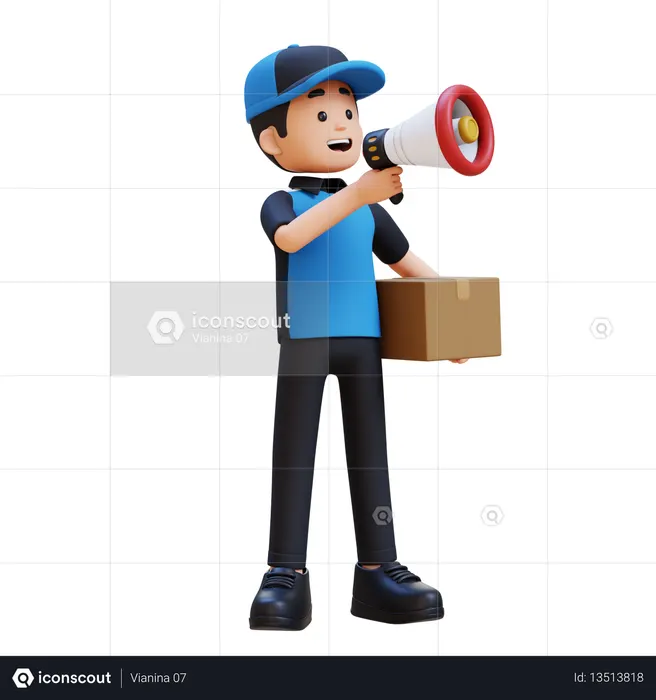 Delivery Man Holding Package And Speaking Into Megaphone Announcet  3D Icon