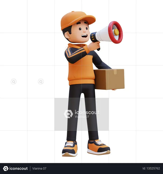 Delivery Man Holding Package And Speaking Into Megaphone Announcet  3D Icon