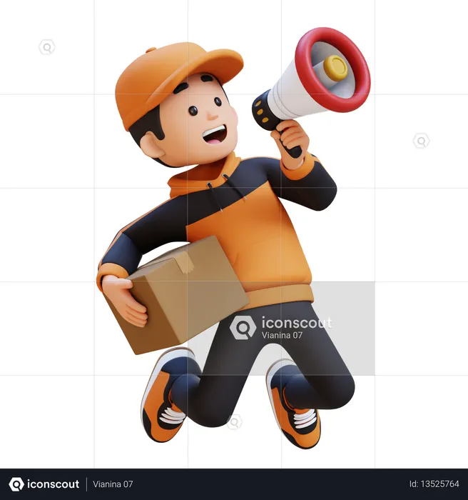 Delivery Man Jumping With Box And Megaphone  3D Icon