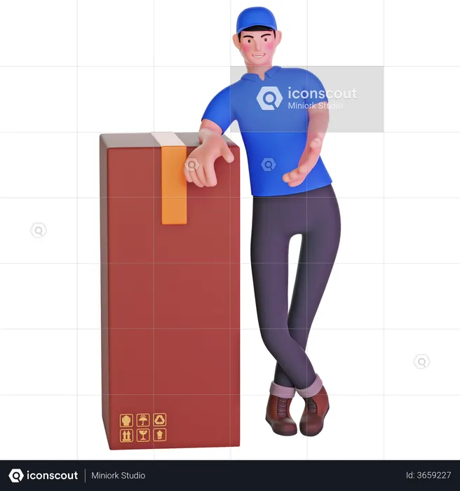 Delivery man leaning on package cardboard boxes  3D Illustration