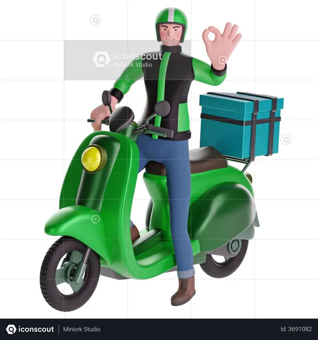 Delivery man making OK hand sign gesture while riding motorcycle with delivery box  3D Illustration