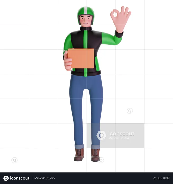 Delivery Man Making OK Sign and holding package  3D Illustration