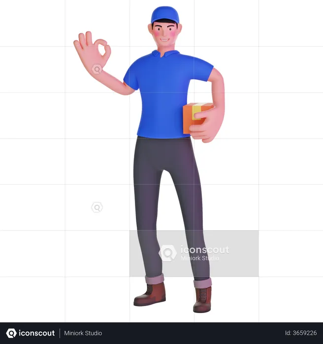 Delivery Man Making OK Sign and holding package  3D Illustration
