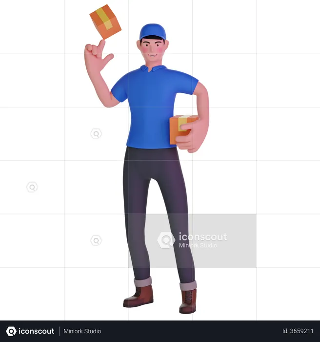 Delivery man playing with package  3D Illustration