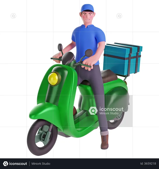 Delivery man riding a motorcycle with delivery box  3D Illustration