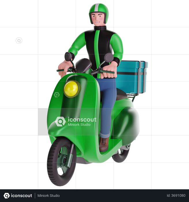 Delivery man riding a motorcycle with delivery box 3D Illustration