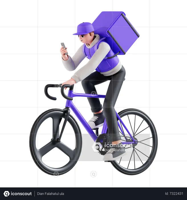 Delivery man riding bike while checking location  3D Illustration