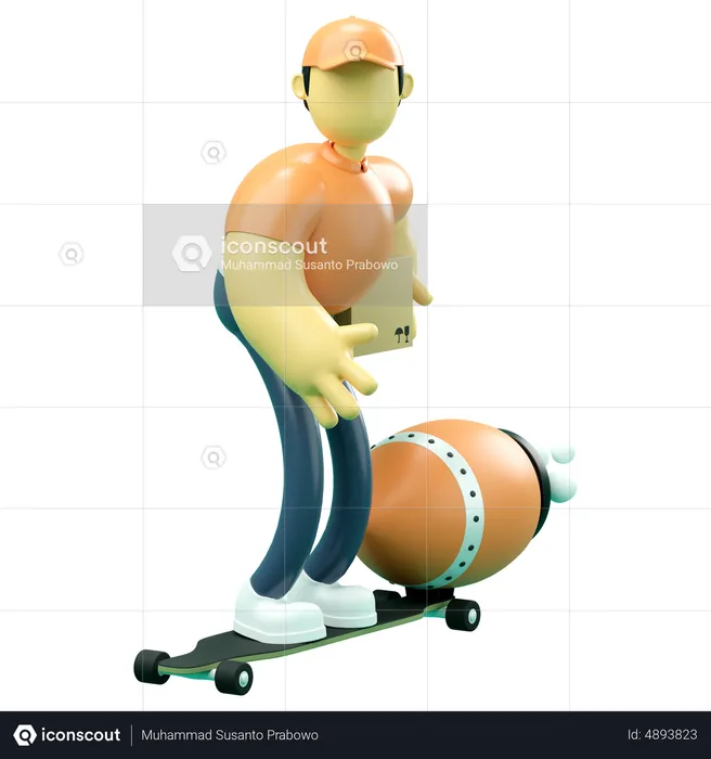 Delivery man riding skateboard  3D Illustration