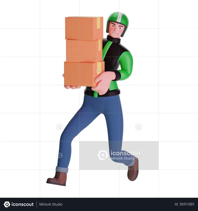 Delivery man running fast holding boxes package  3D Illustration