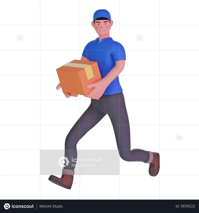 Delivery man running fast holding cardboard package  3D Illustration