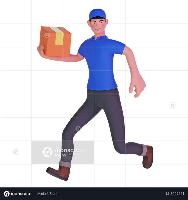 Delivery man running fast holding cardboard package  3D Illustration