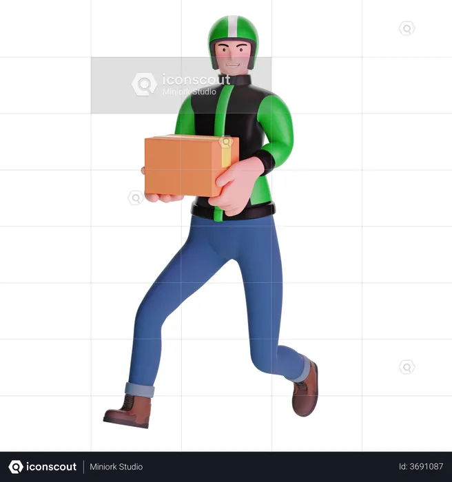 Delivery man running fast holding package  3D Illustration