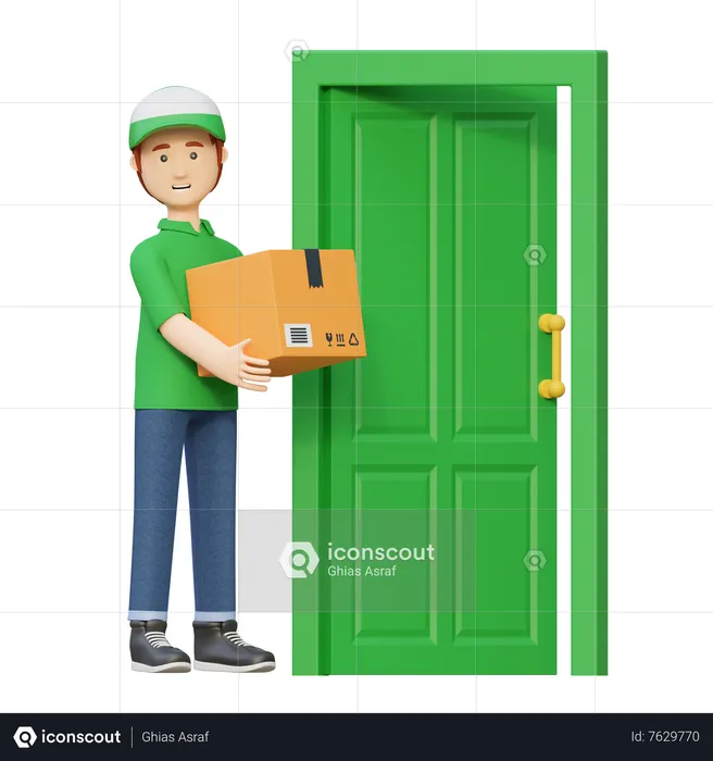 Delivery man sending box package in front of door 3D Illustration ...