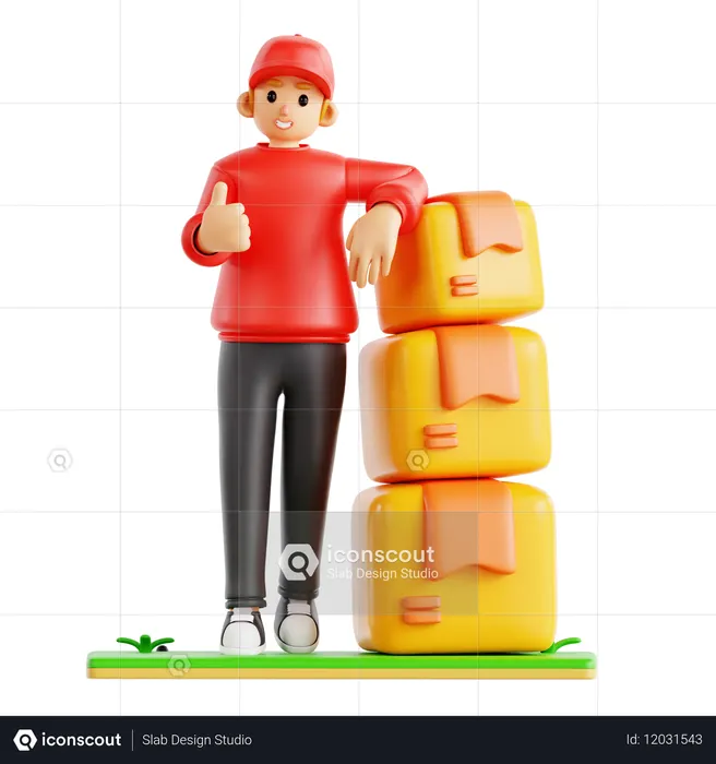 Delivery Man Showing Thumbs Up While Standing With Boxes  3D Icon