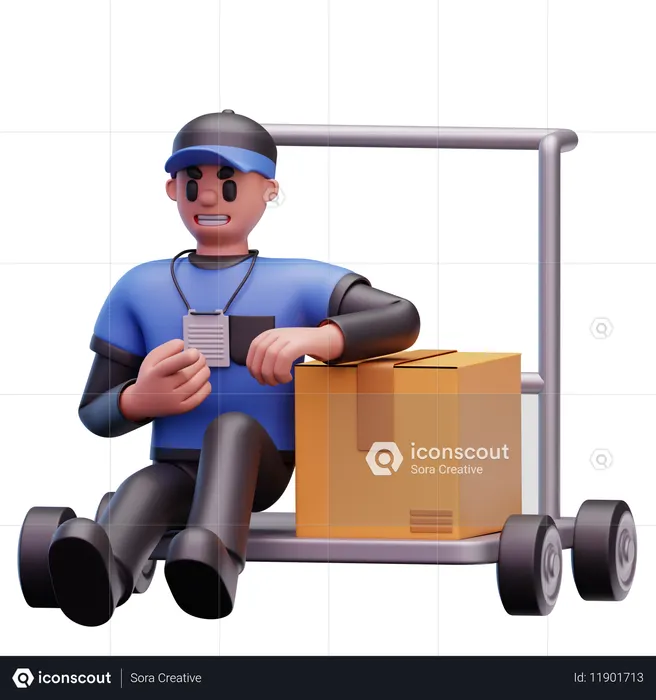 Delivery Man Sitting With Box Cart  3D Icon