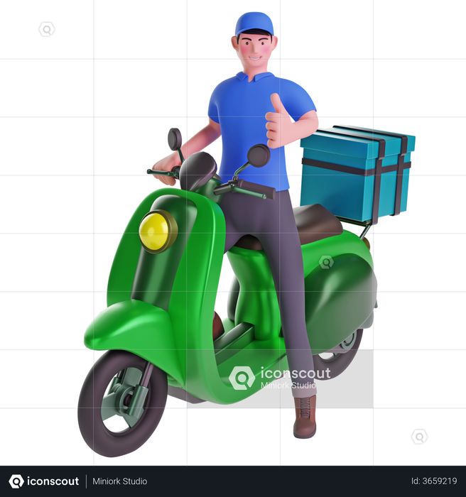 Delivery man Thumbs up while riding motorcycle with delivery box 3D Illustration