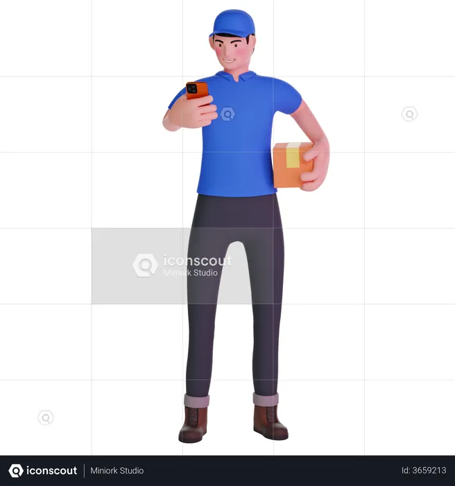Delivery man Using Phone with Box in Hands  3D Illustration