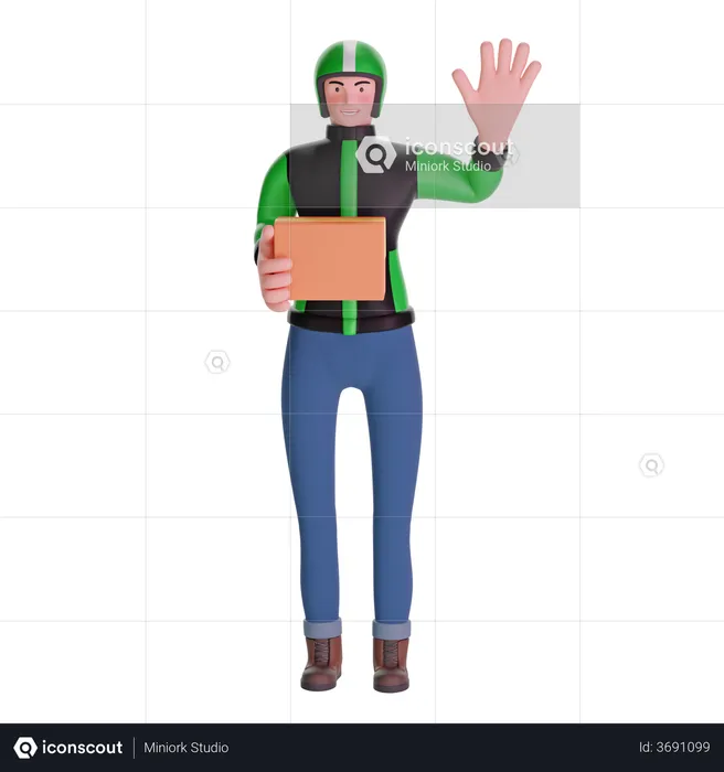 Delivery man waving while carrying package  3D Illustration