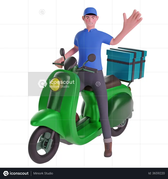 Delivery man waving while riding motorcycle with delivery box  3D Illustration