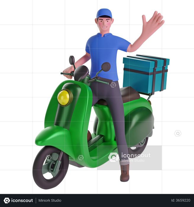 Delivery man waving while riding motorcycle with delivery box 3D Illustration