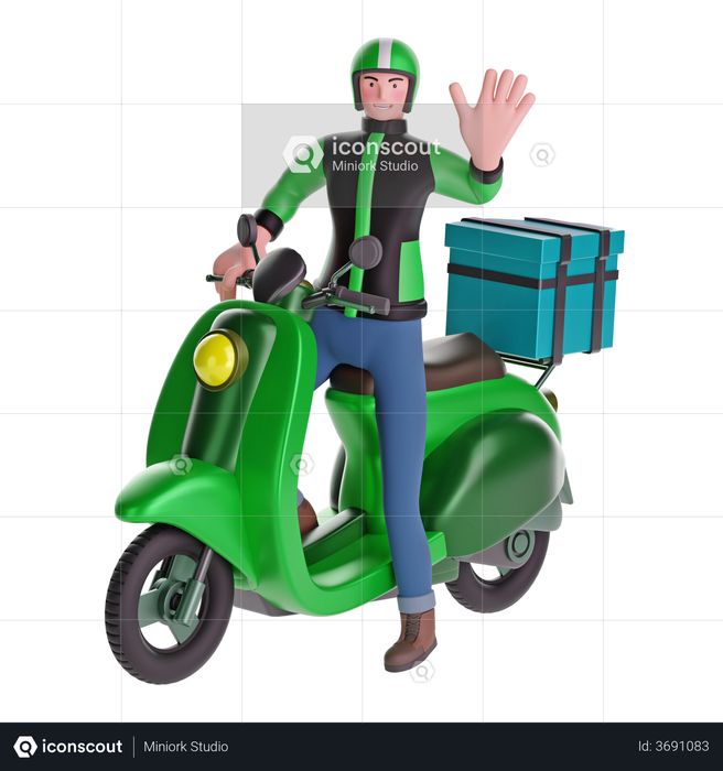 Delivery man waving while riding motorcycle with delivery box 3D Illustration