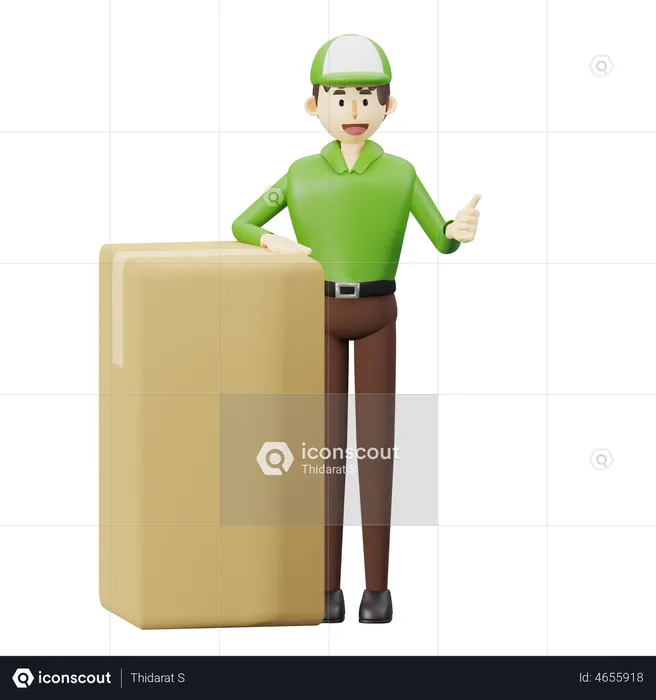 Delivery man with big box and making thumbs up  3D Illustration