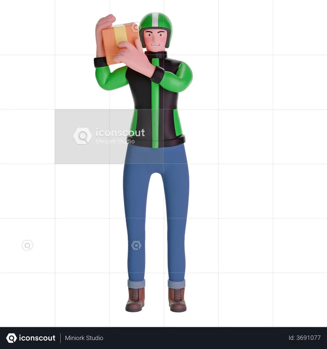 Delivery man carrying package box in shoulder  3D Illustration