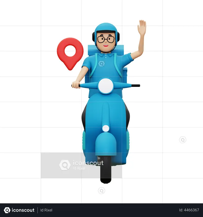 Delivery person waiving hand while riding scooter  3D Illustration