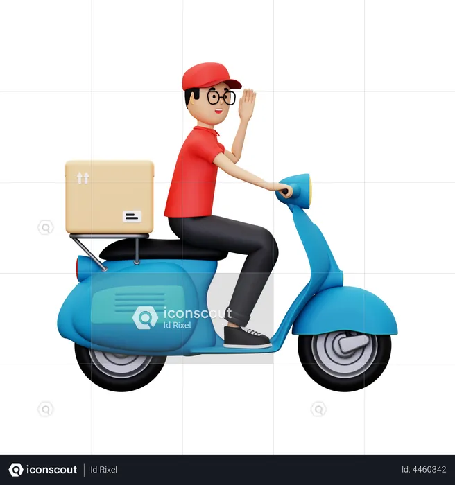 Delivery person waiving hand while riding scooter  3D Illustration