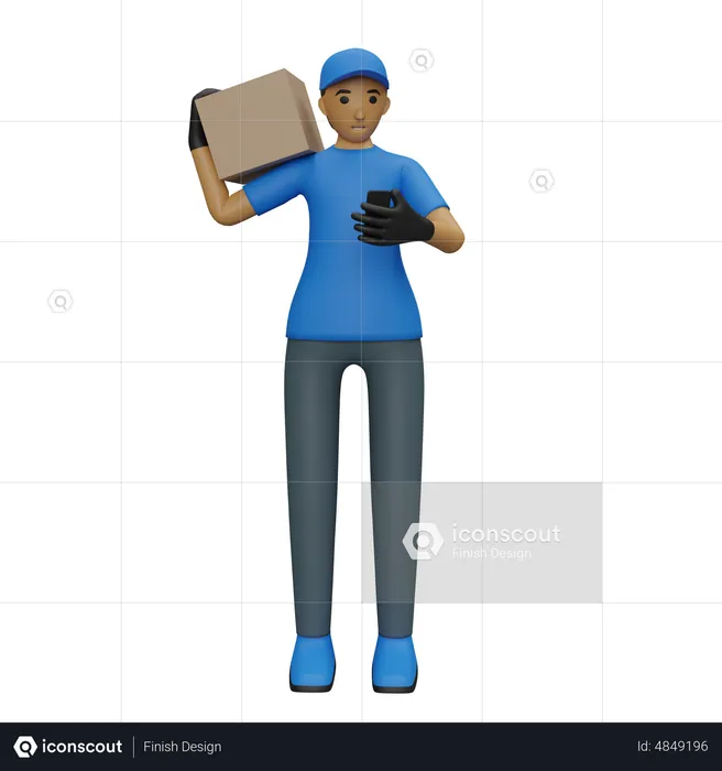 Deliveryman checking delivery location in phone  3D Illustration