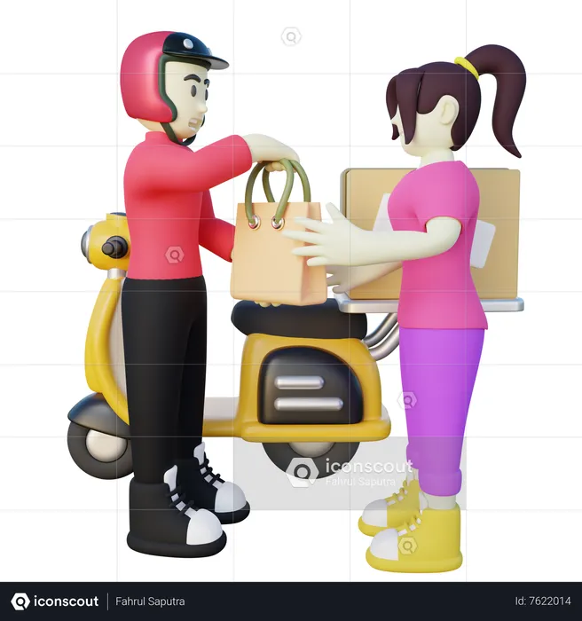 Deliveryman Deliver Order to Female Customer  3D Illustration