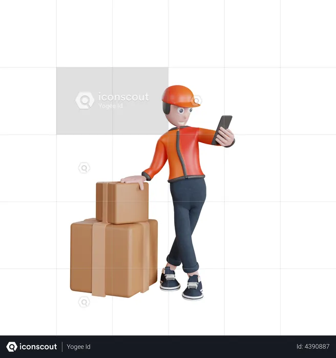 Deliveryman finding location on mobile  3D Illustration