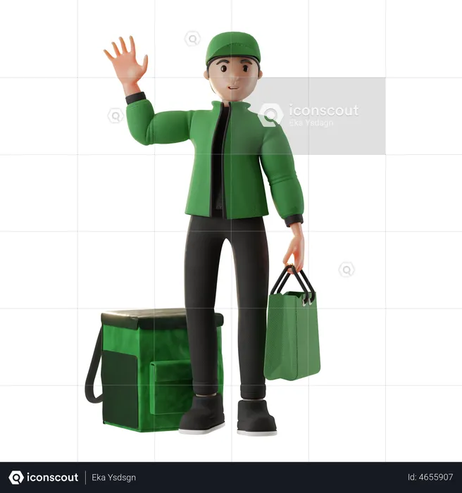 Deliveryman holding box and waving  3D Illustration