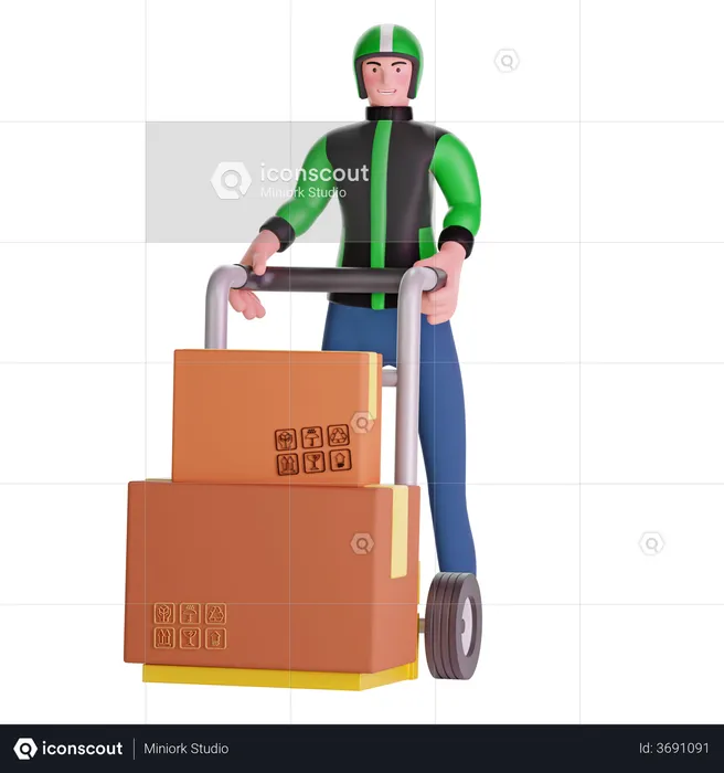Deliveryman Holding Trolley Loaded With Boxes  3D Illustration