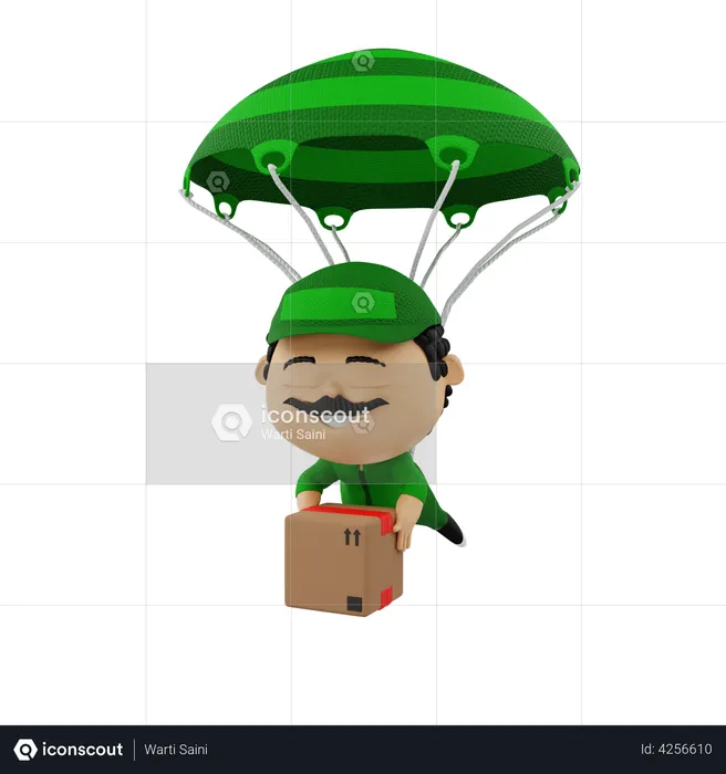 Deliveryman landing with parachute  3D Illustration