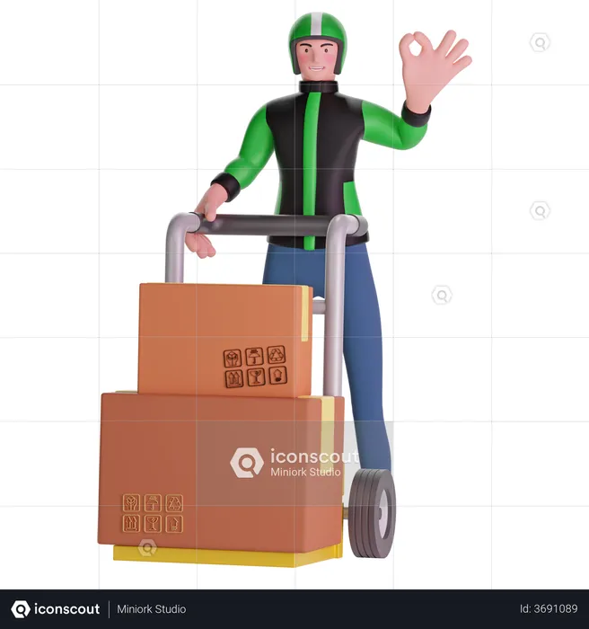 Deliveryman making OK hand sign gesture and Holding Trolley Loaded With Boxes  3D Illustration