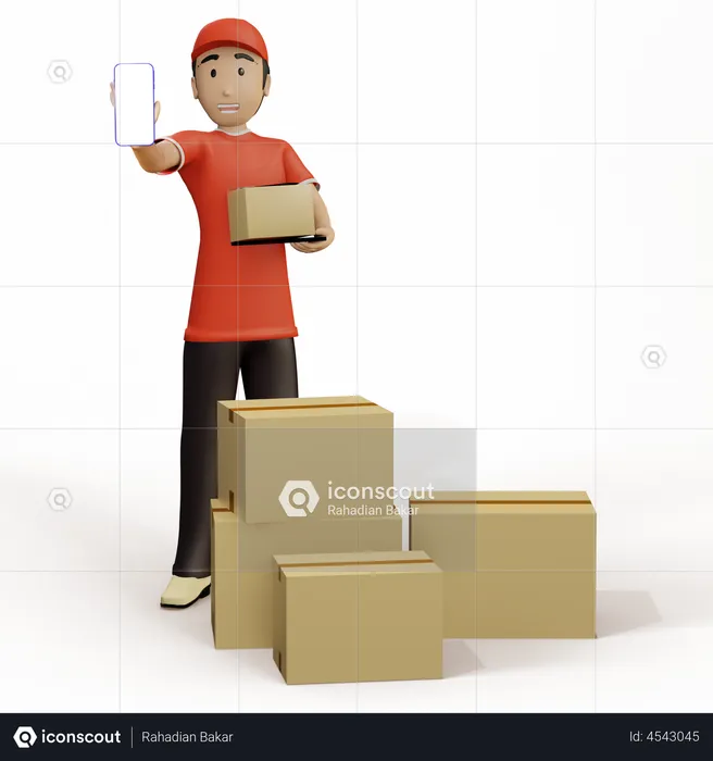 Deliveryman showing mobile  3D Illustration