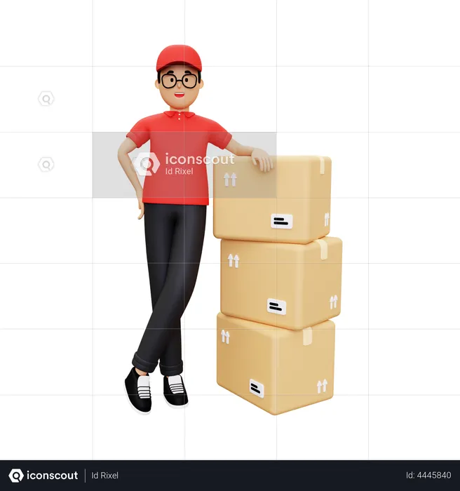 Deliveryman standing next to a pile of cardboard  3D Illustration