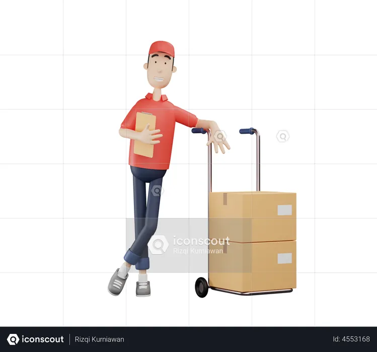 Deliveryman standing next to the parcel trolley  3D Illustration
