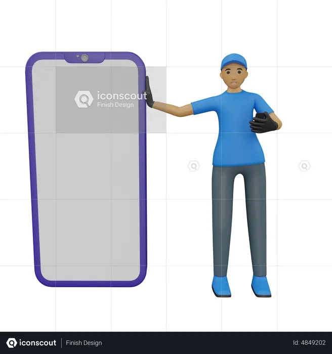 Deliveryman standing with blank mobile screen  3D Illustration