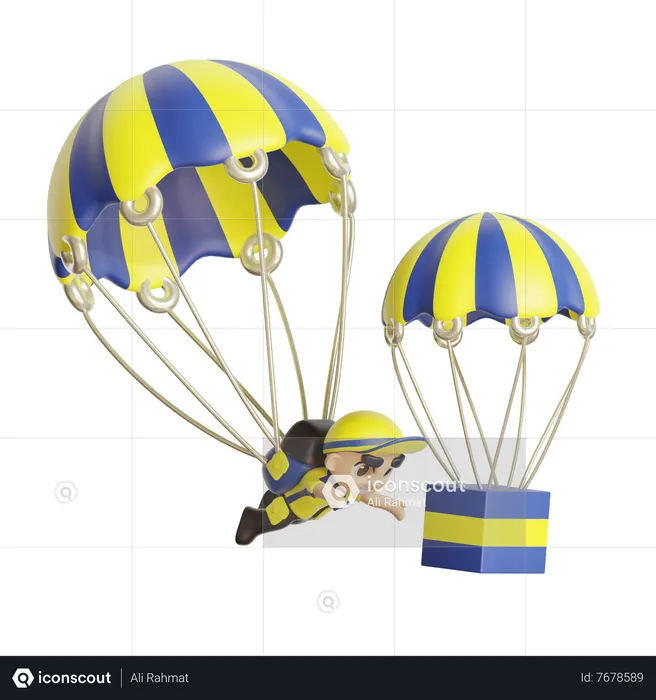 Deliveryman with package wearing parachute  3D Illustration