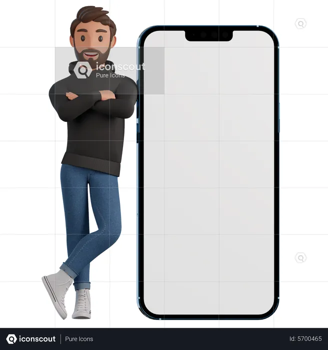 Der Mann lehnt sich an das Telefon  3D Illustration