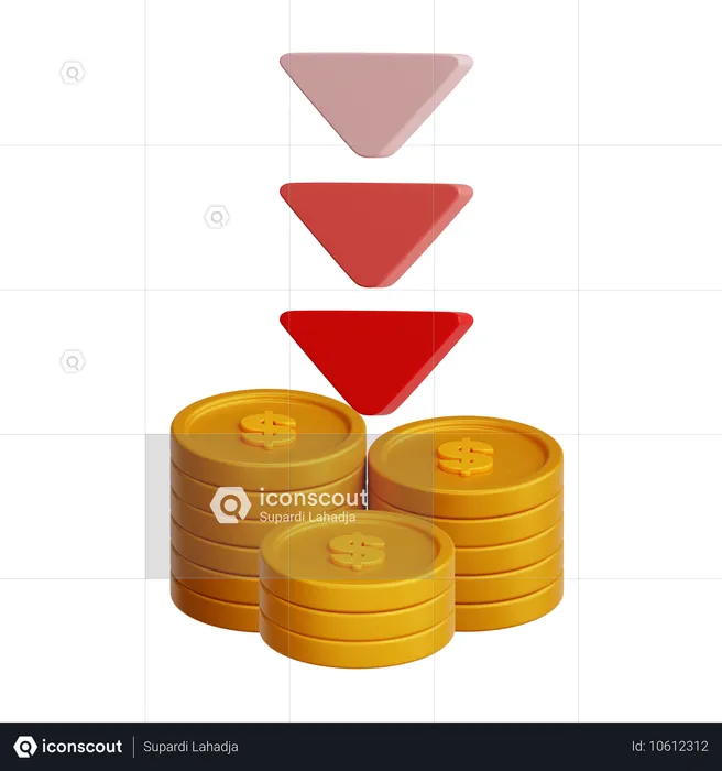 損失を意味するコインの山と下向きの矢印  3D Icon