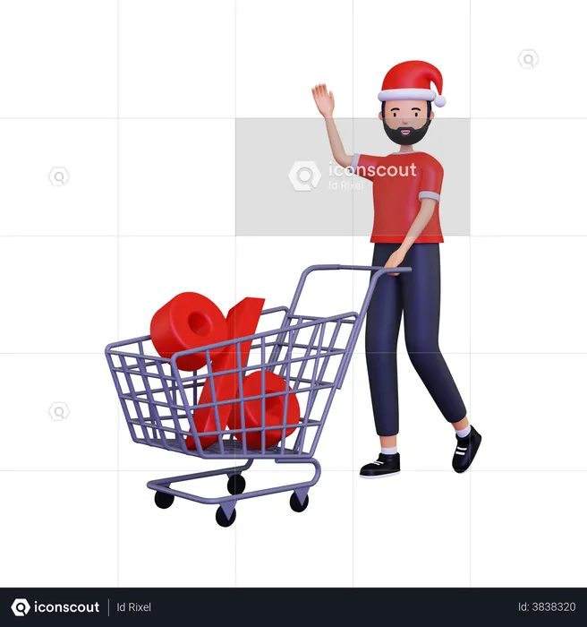 Desconto nas compras do dia de natal com carrinho de compras  3D Illustration