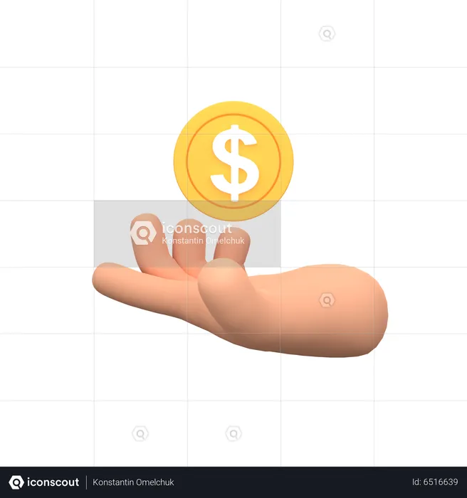 Main de dessin animé tenant une pièce d'un dollar en or. Investissement, profit, concept de paiement. Illustration de rendu 3D  3D Illustration