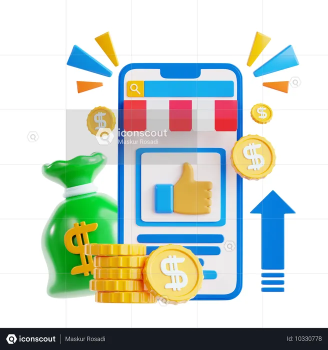 Digital Marketplace with Money and Notification  3D Icon